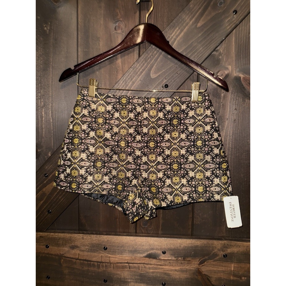 Forever 21 NEW Women Sz S Small Shorts Gold Black Pink Brocade High Waist